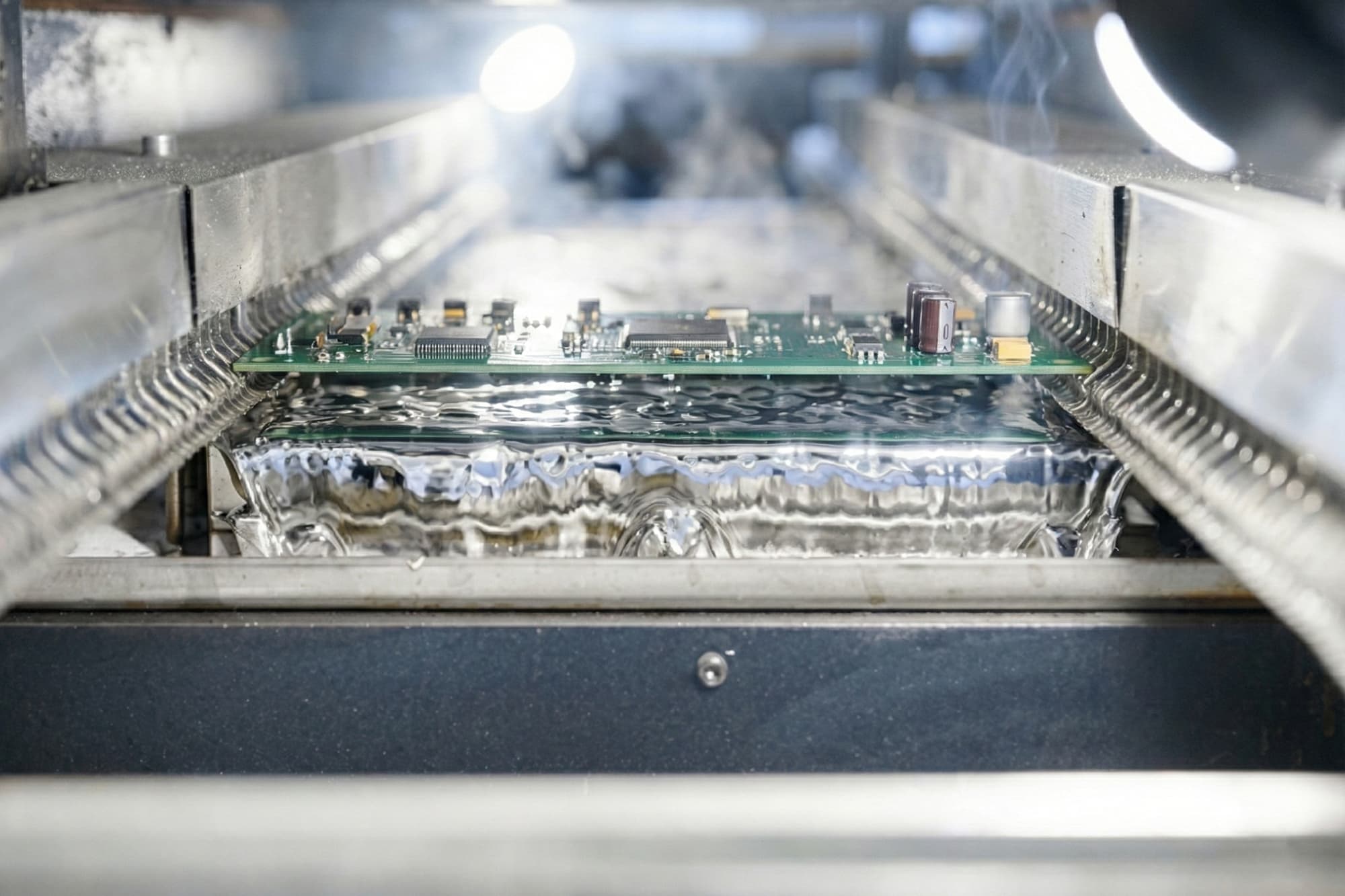Automatyczne lutowanie na&nbsp;fali komponentów&nbsp;THT w&nbsp;firmie RGB Pro – seryjna produkcja elektroniki.