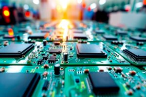 Płytka PCB wielowarstwowa z komponentami SMD – układy scalone, kondensatory i rezystory na zielonej płytce drukowanej – produkcja kontraktowa RGBpro