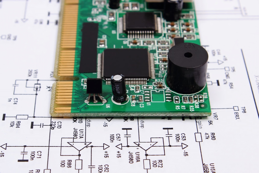 Płytka PCB z układami scalonymi SMD leżąca na schemacie elektrycznym – projektowanie układów elektronicznych na zamówienie RGBpro